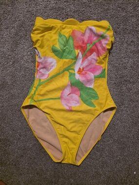 Yellow Floral One-Piece Swimsuit with Pink Blooms